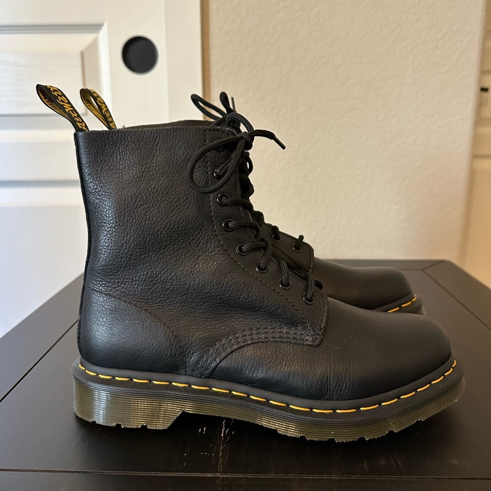 Black Leather Lace-Up Combat Boots with Yellow Stitching